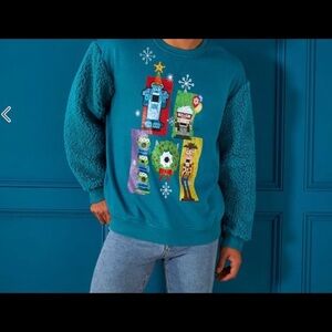 Disney Teal Crewneck Sweater with Colorful Holiday Robot Graphic
